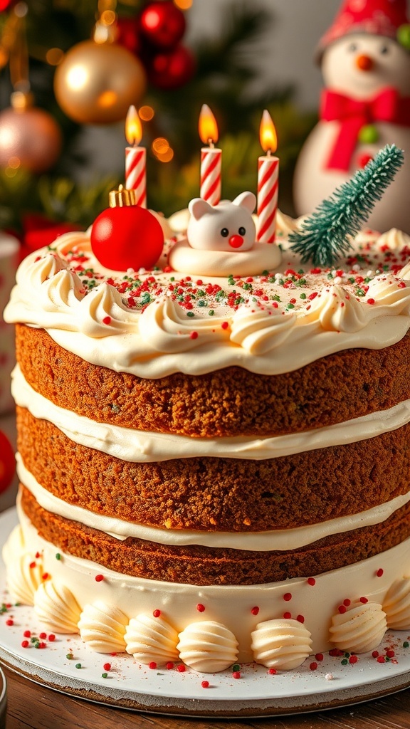 A festive Christmas birthday cake with spiced layers and colorful decorations, perfect for a holiday celebration.